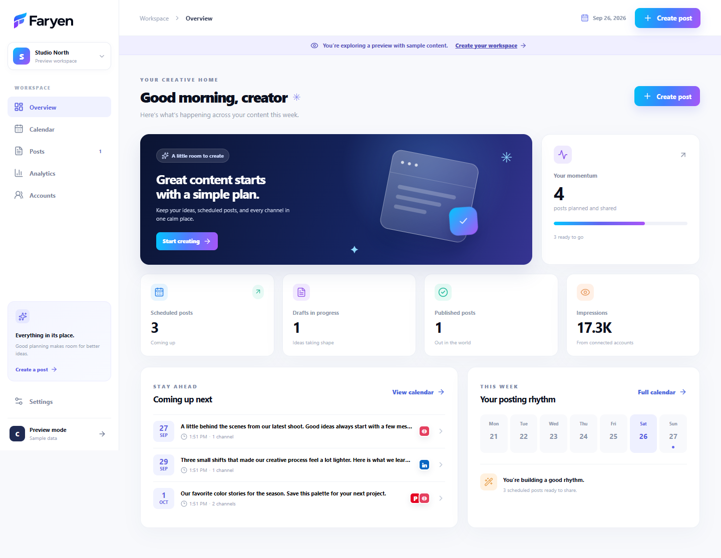Faryen workspace preview showing an overview, content calendar, and post status cards with sample content